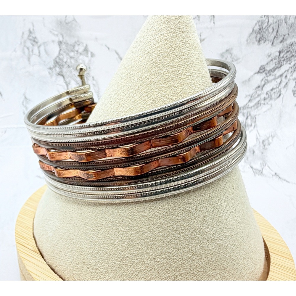 Mixed Metal Open Cuff Bracelet Silver Copper Tone Multi Strand 7" x 1"